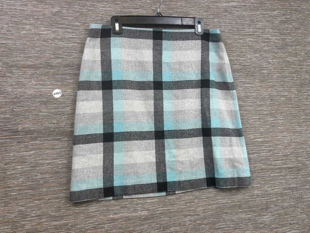 Talbots Wool Blend Skirt Womens Size 12P Aqua Gray Black Plaid Fully Lined